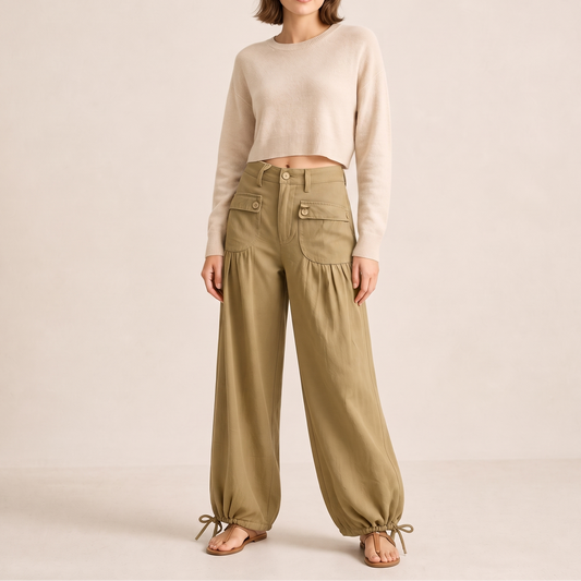Curved barrel leg-jeans med bindebånd forneden