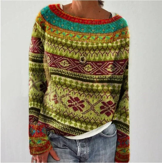 Fair Isle-striktrøje med rund hals til damer