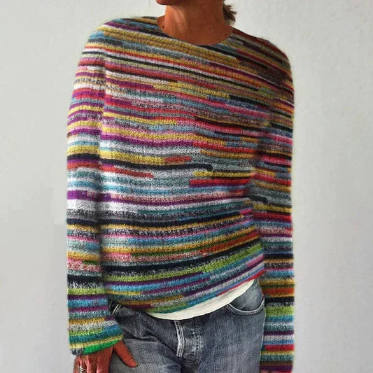 Farverig grovstrikket damepullover med behagelig pasform - Blød strikket oversize sweater med farverigt mønster til efterår og vinter