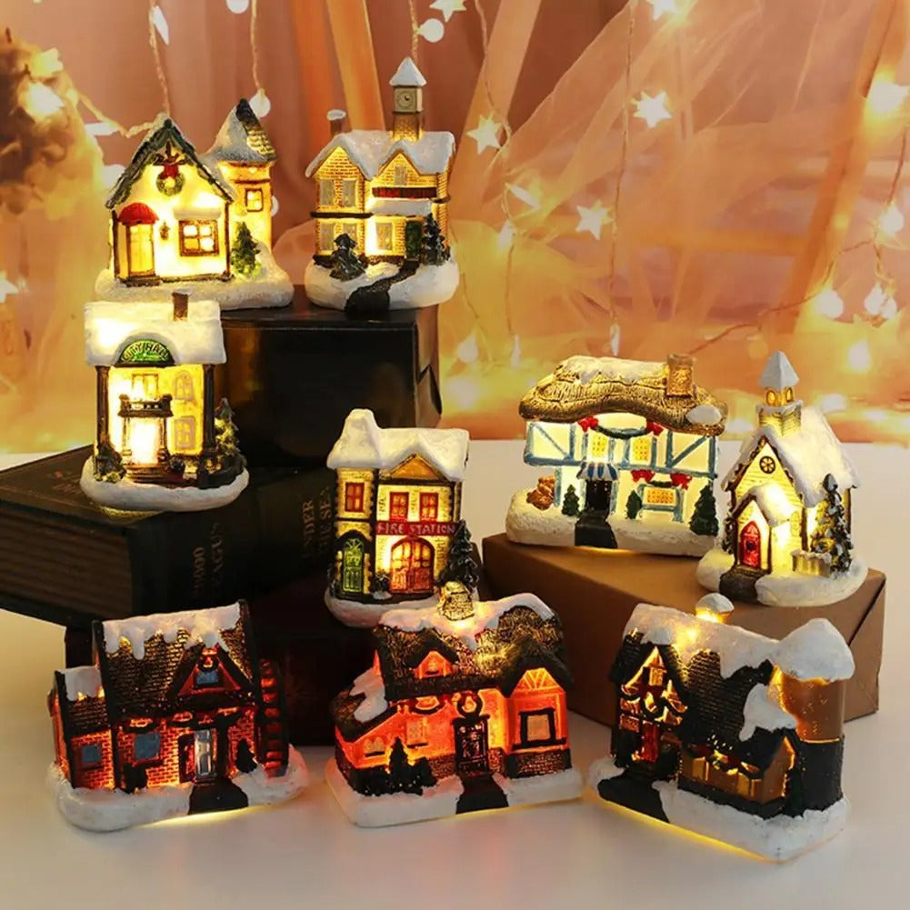Sæt med 6 julebyhuse med LED-lys