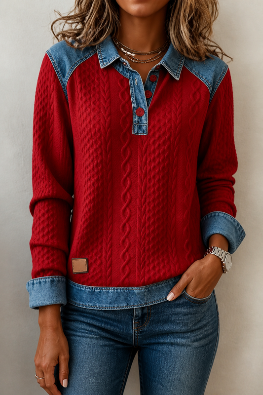 Strikket bluse i denim-patchwork med struktur