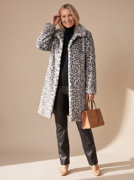 Vinterfrakke i imiteret pels med leopardprint til damer