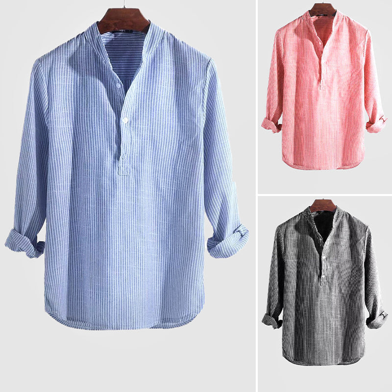 Soufiane | Chemise à manches longues en coton mélangé à du lin, à rayures et décontractée - Image 7