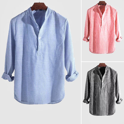 Soufiane | Chemise à manches longues en coton mélangé à du lin, à rayures et décontractée - Image 7