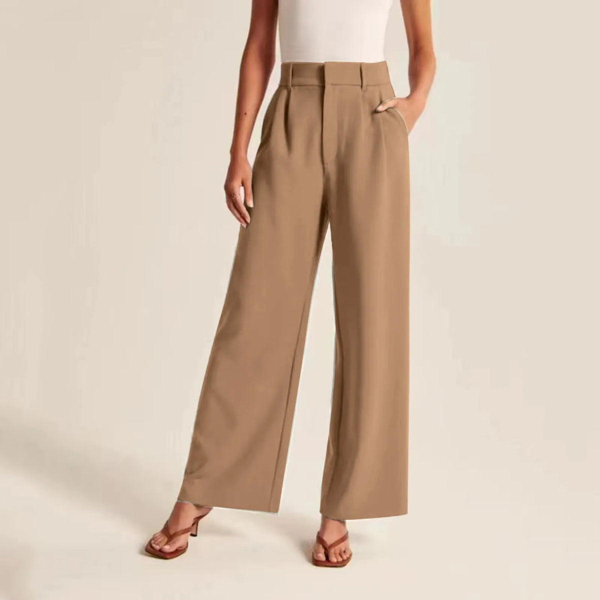 Couture-moda | Pantalon large à taille haute pour femmes - Tailored - Linen Feel - Full Length - Image 3