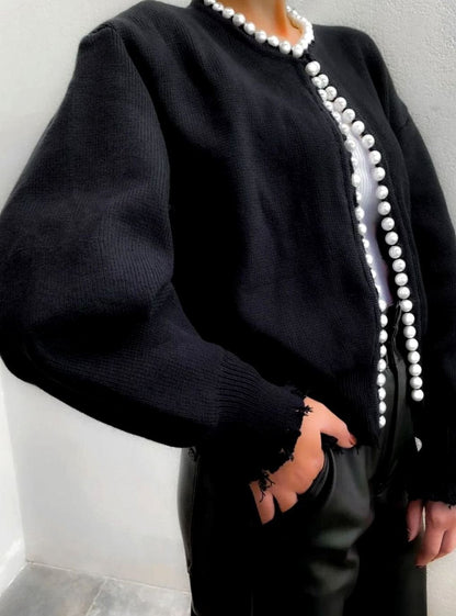 Åben strikcardigan til damer med perlekant