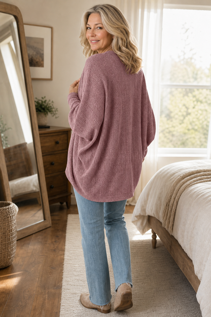 Åben strikket cardigan med flagermusærmer