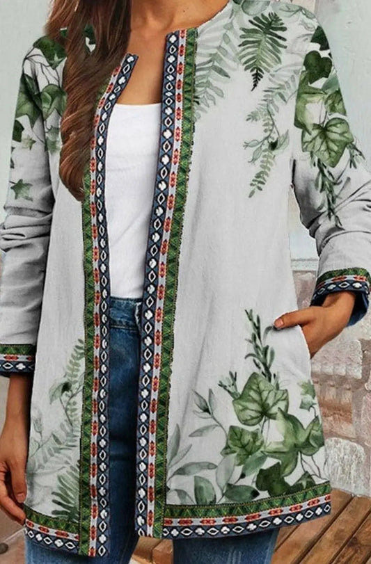 Åbentstående langærmet cardigan til damer med botanisk blomsterprint