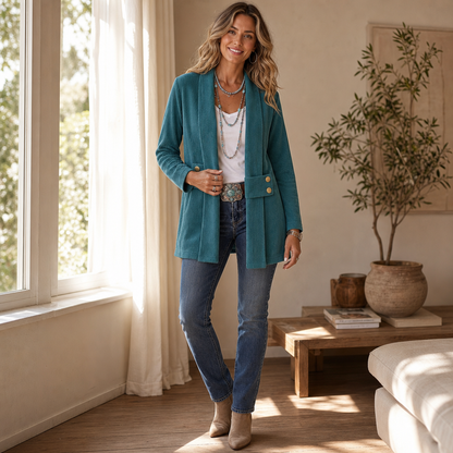 Åbentstående riflet fløjlsjakke med taljestropper