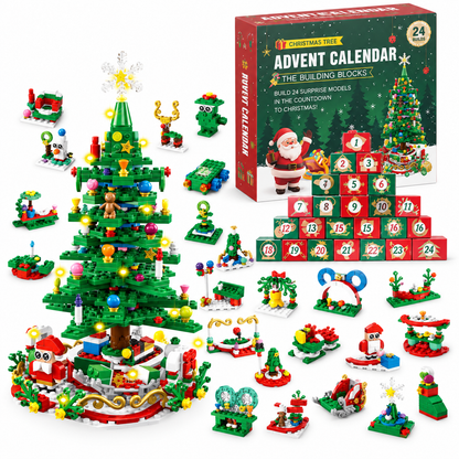 Adventskalender med 24 byggeklodsoverraskelser | LED-juletræssæt til juleaktivitet