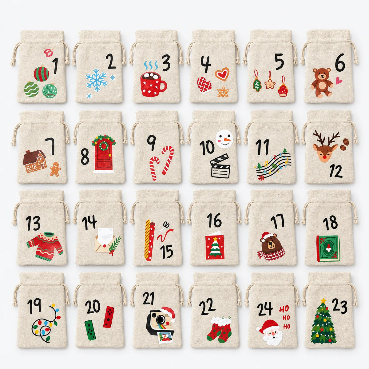 Adventskalenderposer i stof med snøre