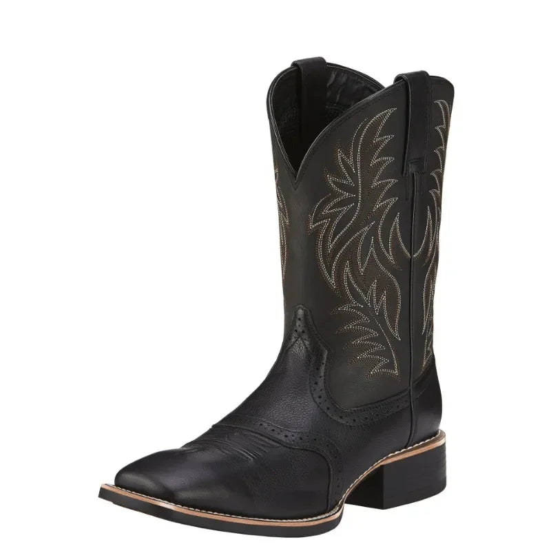Broderede retro cowboystøvler i læder til mænd