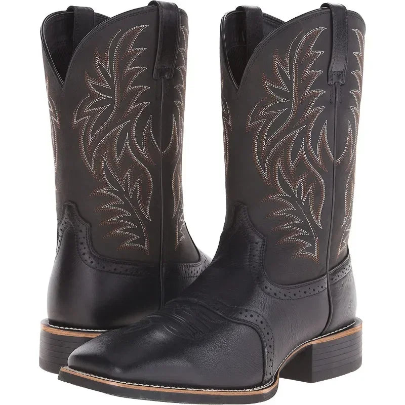 Broderede retro cowboystøvler i læder til mænd