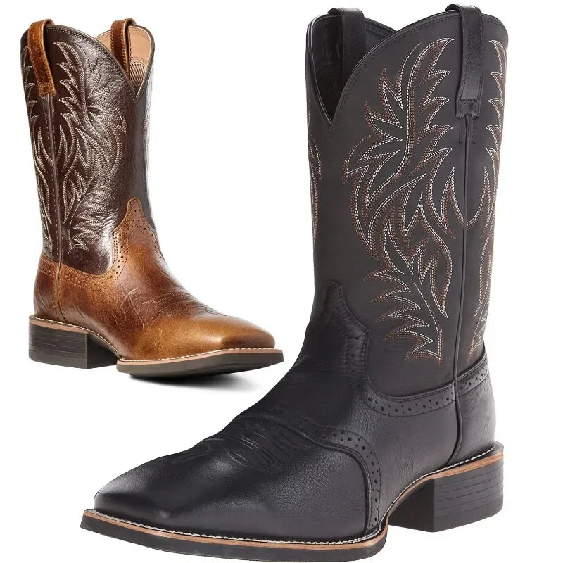 Broderede retro cowboystøvler i læder til mænd