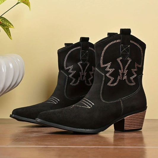Broderede slip-on cowboystøvler til damer med bredt skaft