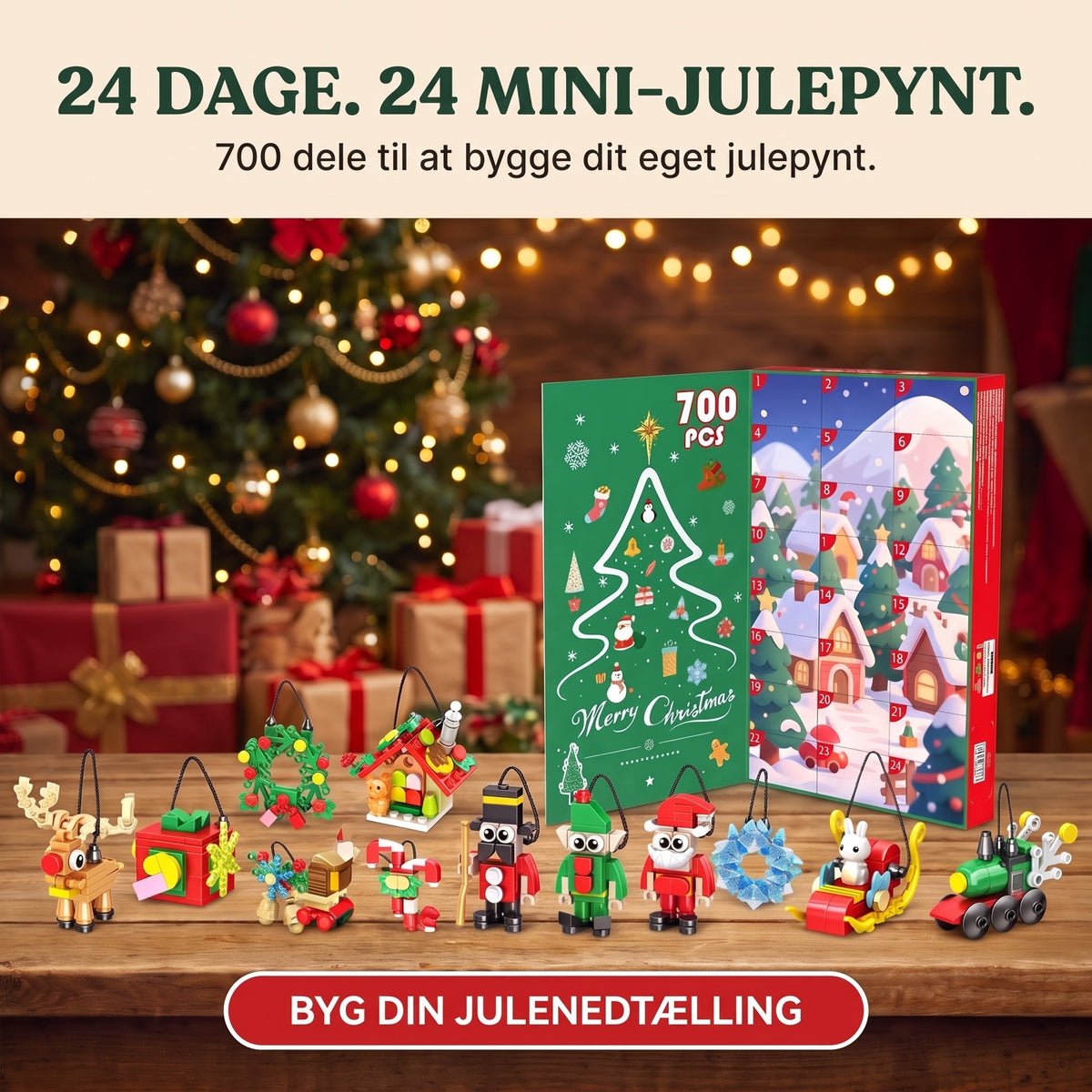 Julekalender med klods-ornamenter, 24 figurer til ophæng, 700 klodser