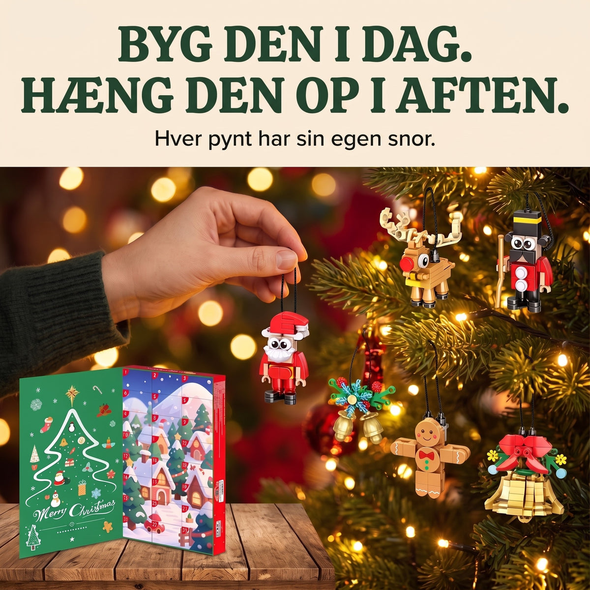 Julekalender med klods-ornamenter, 24 figurer til ophæng, 700 klodser