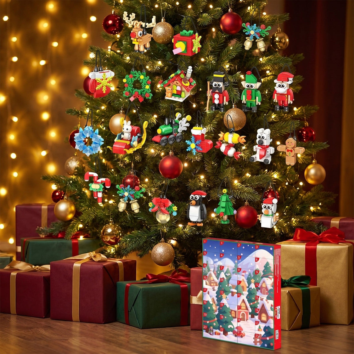 Julekalender med klods-ornamenter, 24 figurer til ophæng, 700 klodser