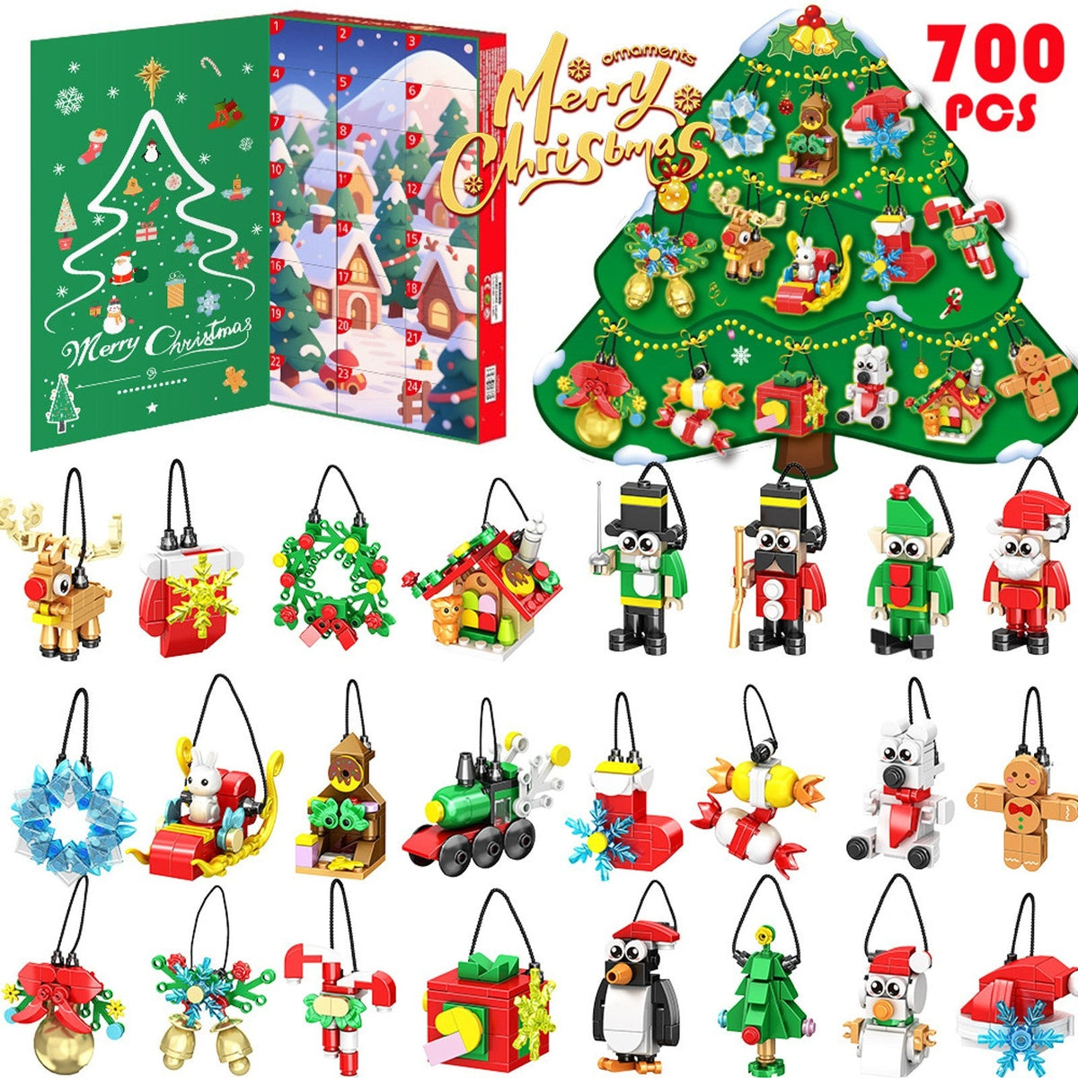 Julekalender med klods-ornamenter, 24 figurer til ophæng, 700 klodser