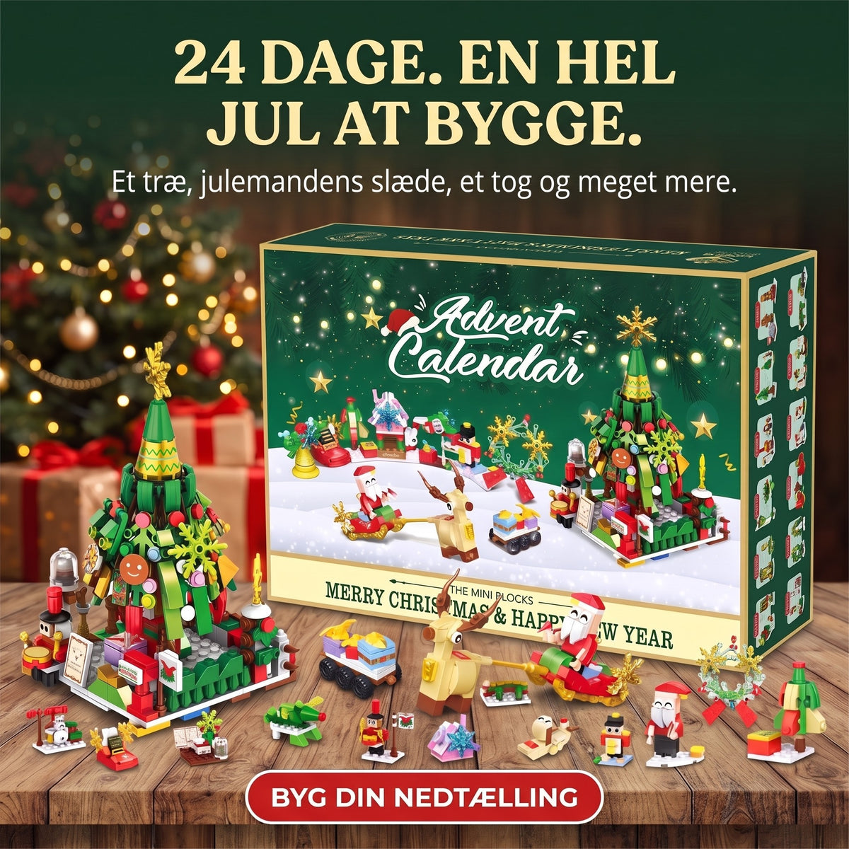 Julekalender med Juletræ og Julemandens Slæde, 24 Mini-Byg i Klodser