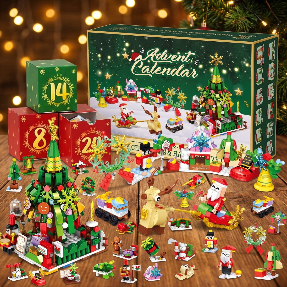 Julekalender med Juletræ og Julemandens Slæde, 24 Mini-Byg i Klodser