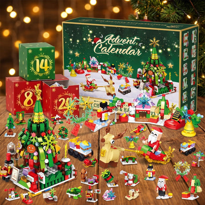 Julekalender med Juletræ og Julemandens Slæde, 24 Mini-Byg i Klodser