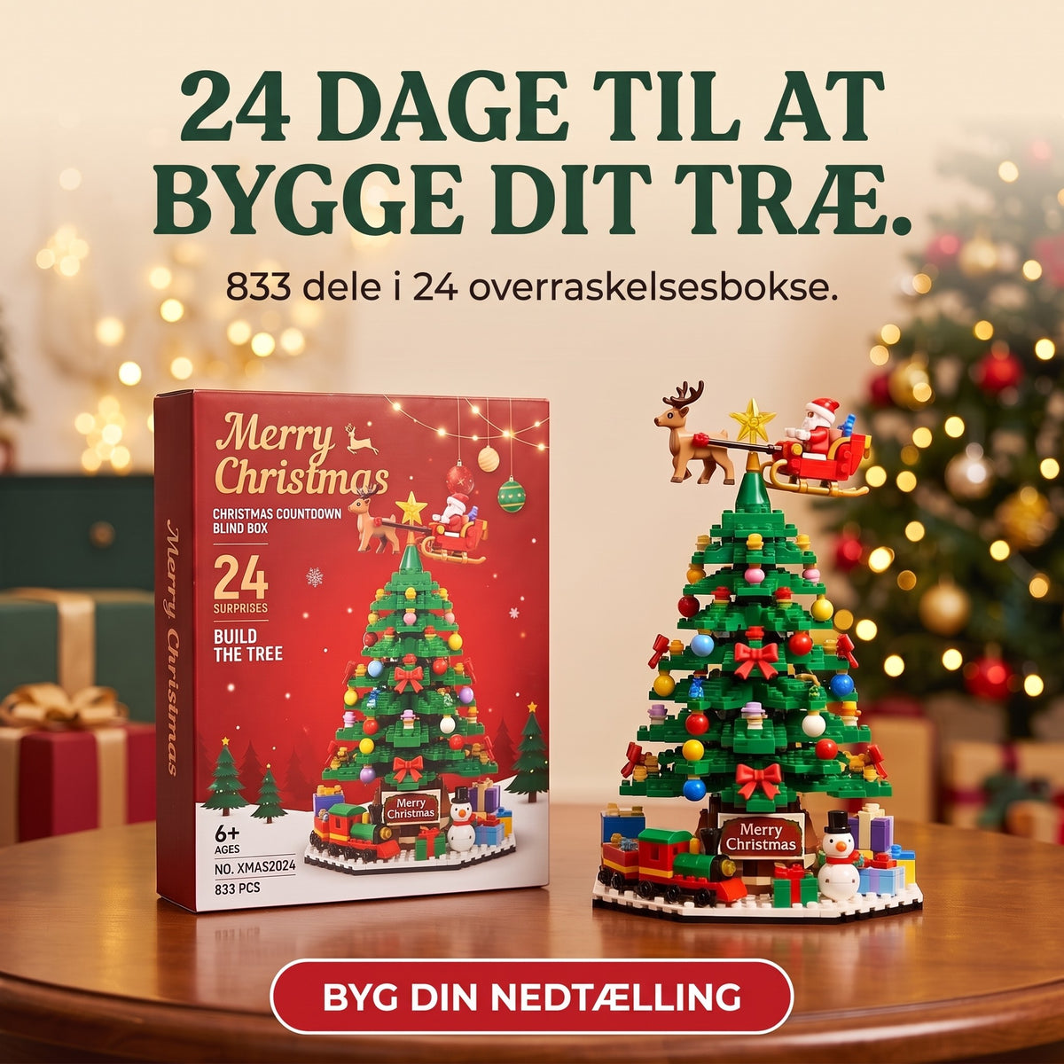 Juletræ Byggeklods-Julekalender, 833 klodser i 24 overraskelsesbokse