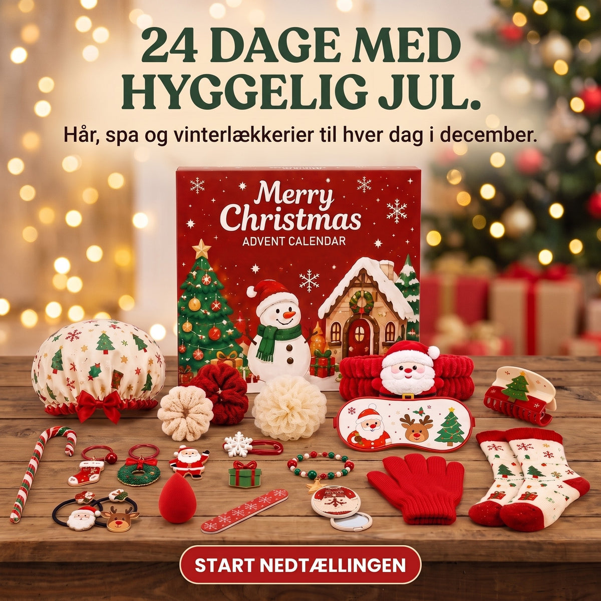 Hyggelig julekalender med tilbehør, 24 dage med hår, spa og vintergaver