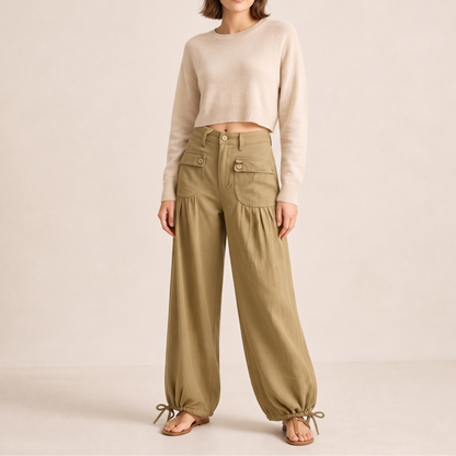 Curved barrel leg-jeans med bindebånd forneden