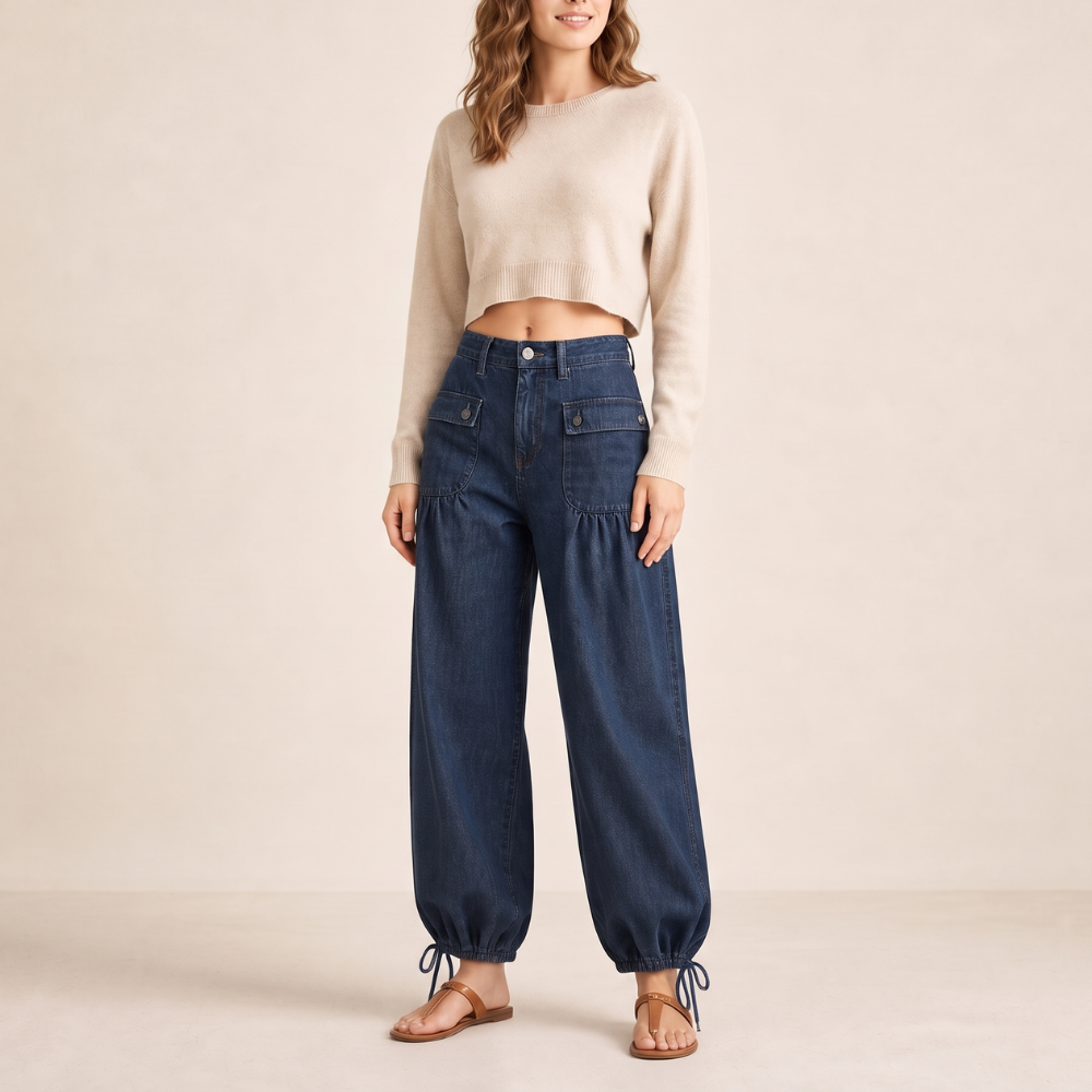 Curved barrel leg-jeans med bindebånd forneden