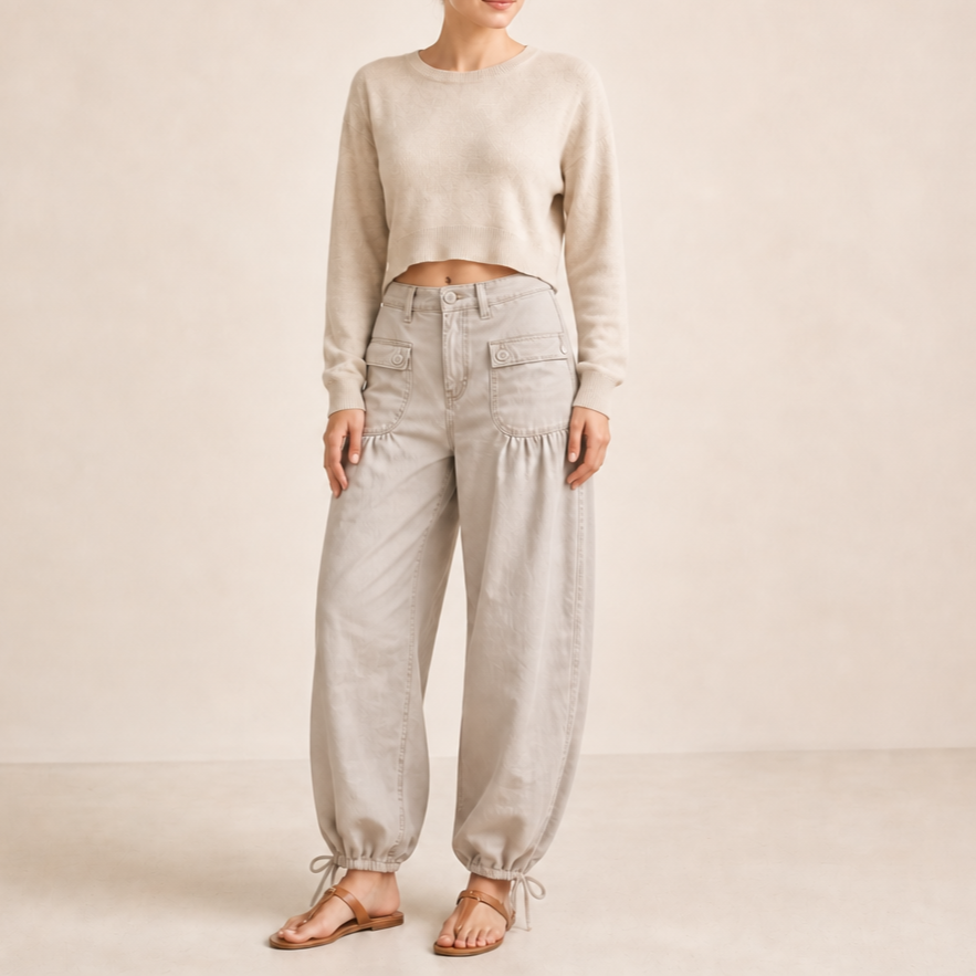 Curved barrel leg-jeans med bindebånd forneden