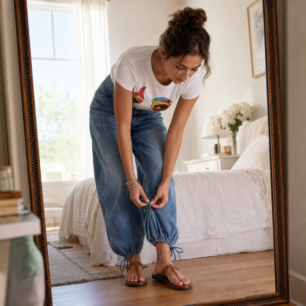 Curved barrel leg-jeans med bindebånd forneden