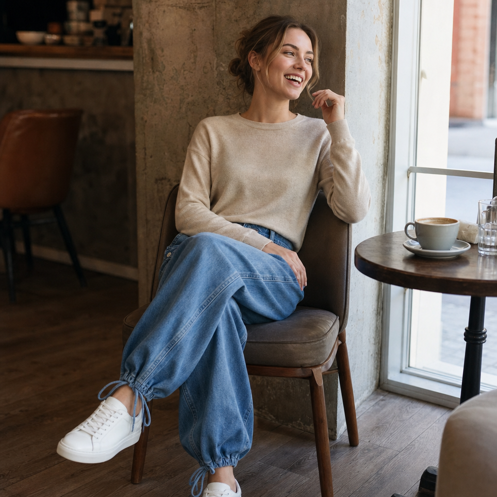 Curved barrel leg-jeans med bindebånd forneden