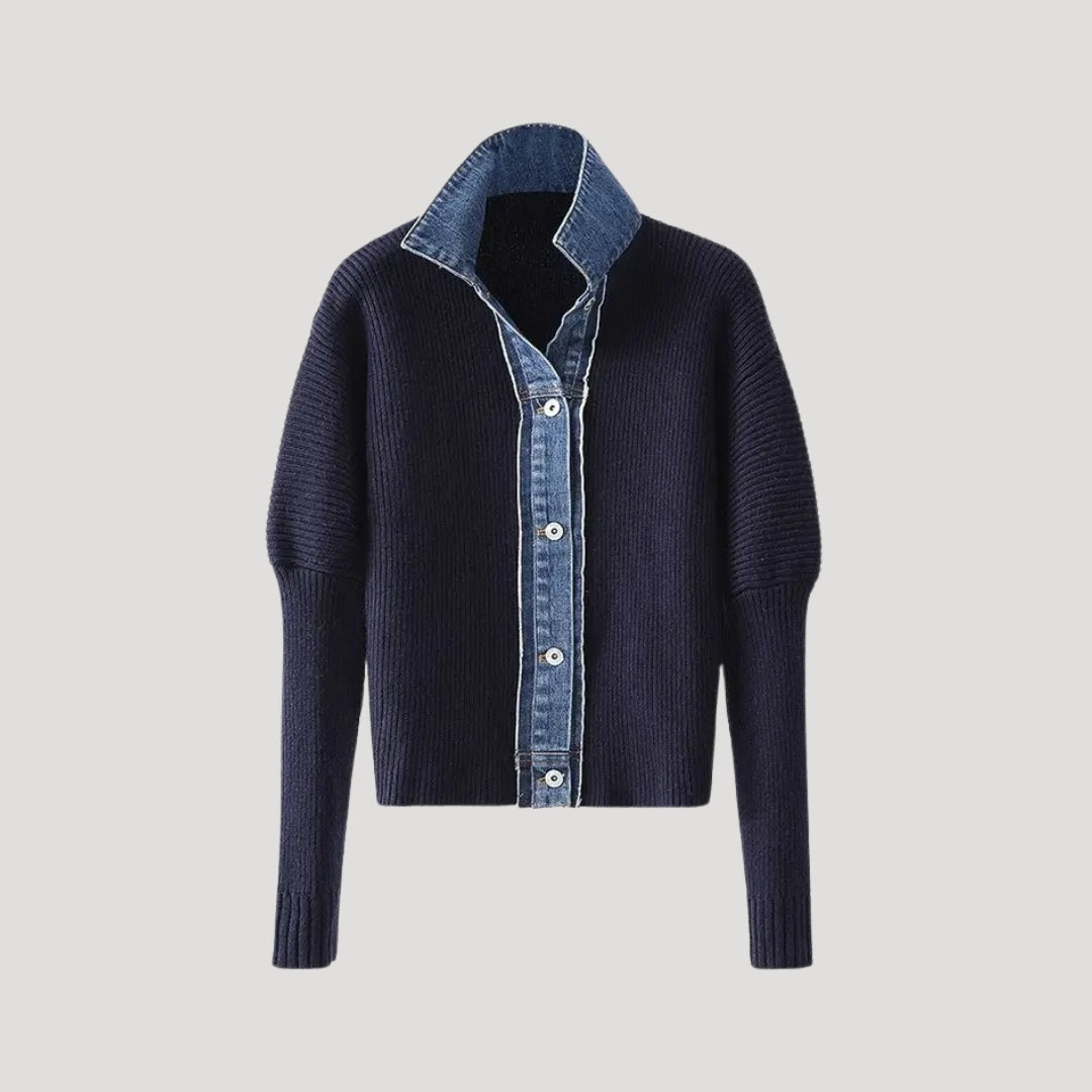 Damecardigan med denimkant, knapstolpe og lange ærmer