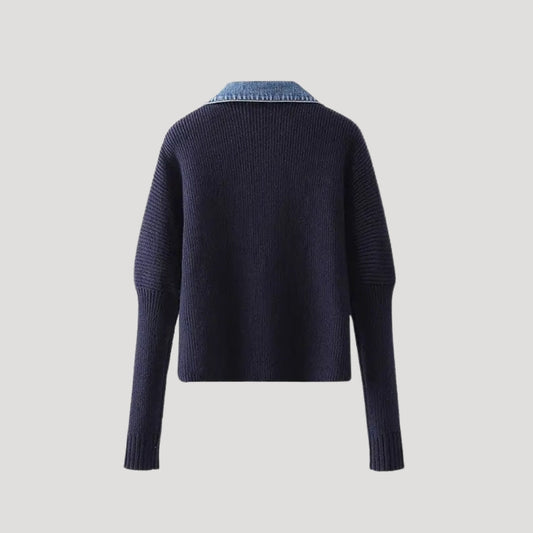 Damecardigan med denimkant, knapstolpe og lange ærmer