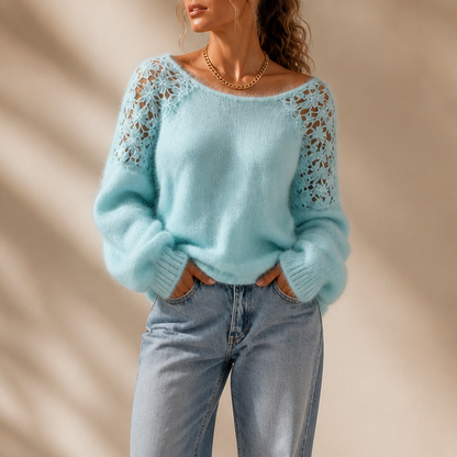Elegant strikbluse med blonde-look