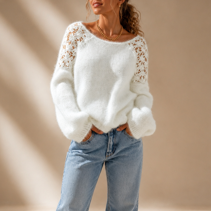 Elegant strikbluse med blonde-look