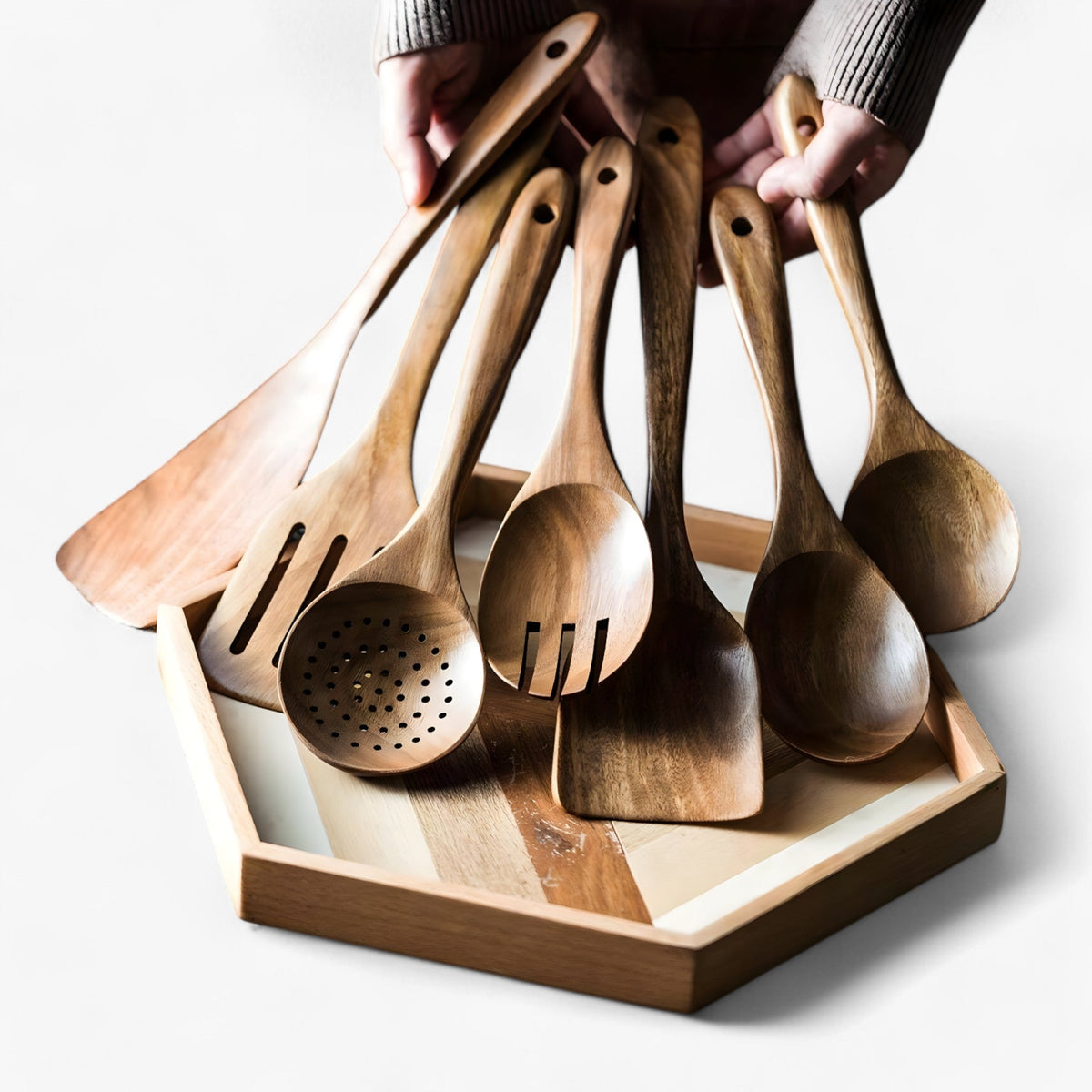 Elegant Teak Køkkenredskabs Sæt – 9 Stykker med Holder