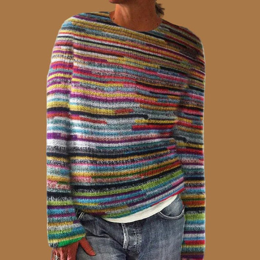 Farverig grovstrikket damepullover med behagelig pasform - Blød strikket oversize sweater med farverigt mønster til efterår og vinter