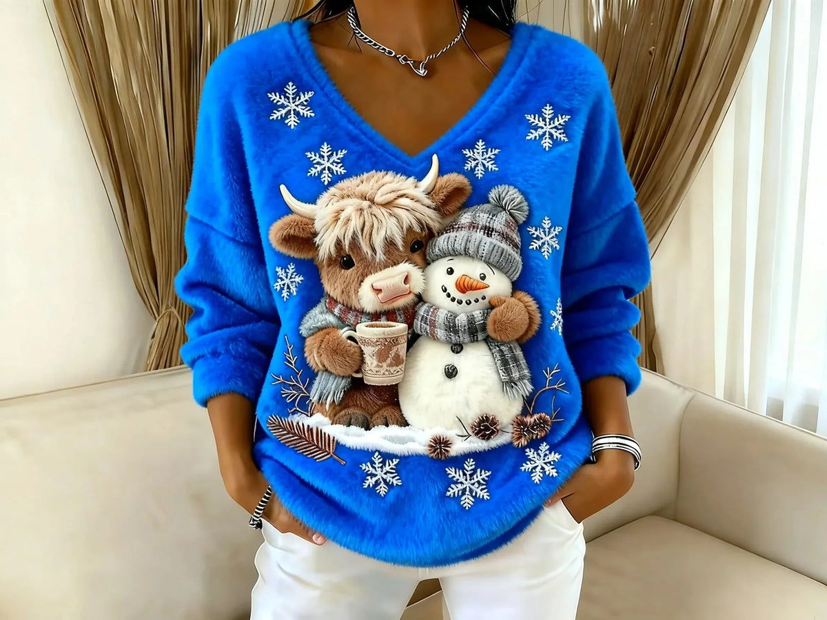 Festlig julesweater til kvinder med motiv af rensdyr og snemand | Varm striktrøje