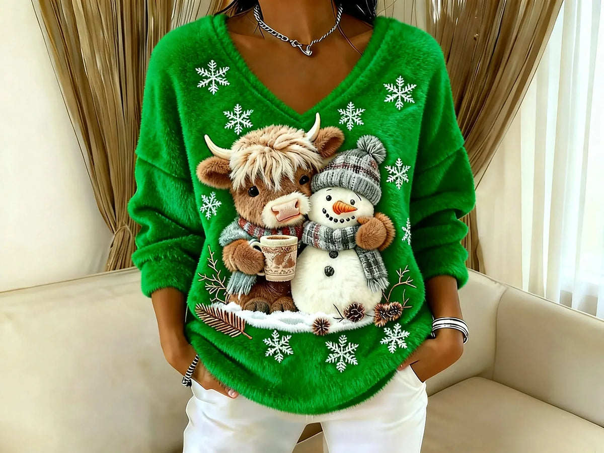 Festlig julesweater til kvinder med motiv af rensdyr og snemand | Varm striktrøje
