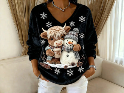 Festlig julesweater til kvinder med motiv af rensdyr og snemand | Varm striktrøje