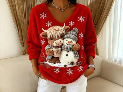 Festlig julesweater til kvinder med motiv af rensdyr og snemand | Varm striktrøje