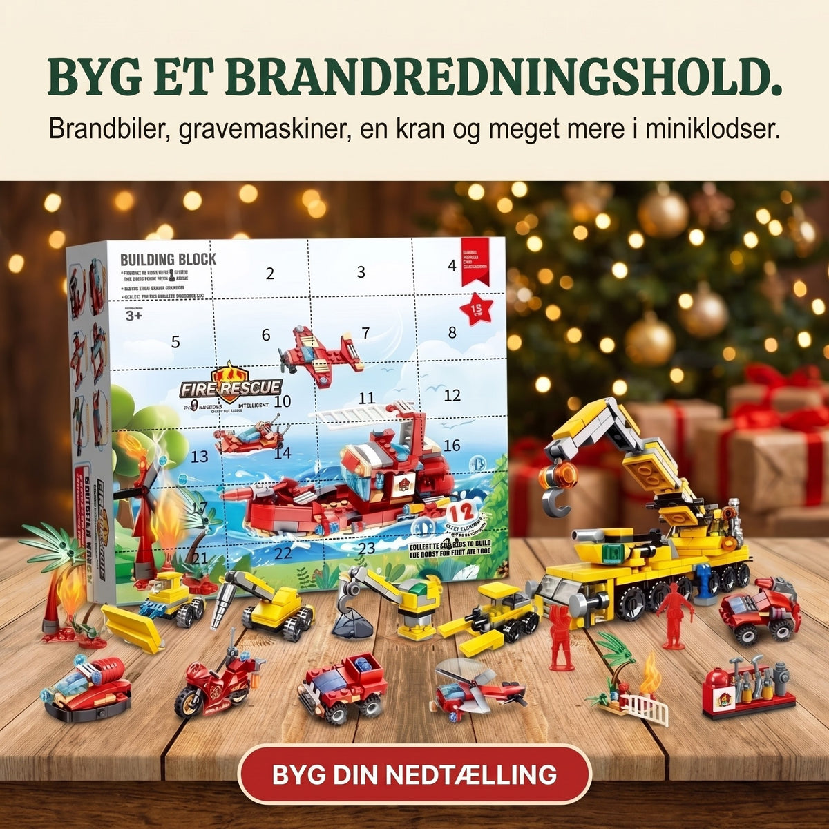 Brandvæsen & byggeri-julekalender, mini-klodsbiler plus store byggerier