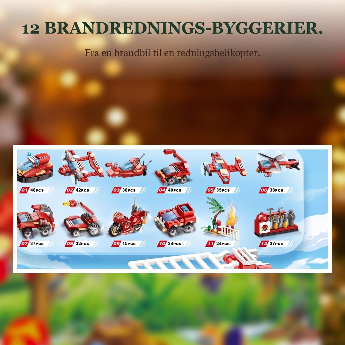 Brandvæsen & byggeri-julekalender, mini-klodsbiler plus store byggerier