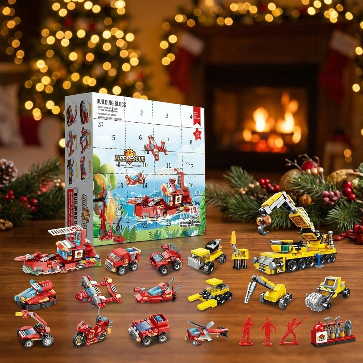 Brandvæsen & byggeri-julekalender, mini-klodsbiler plus store byggerier