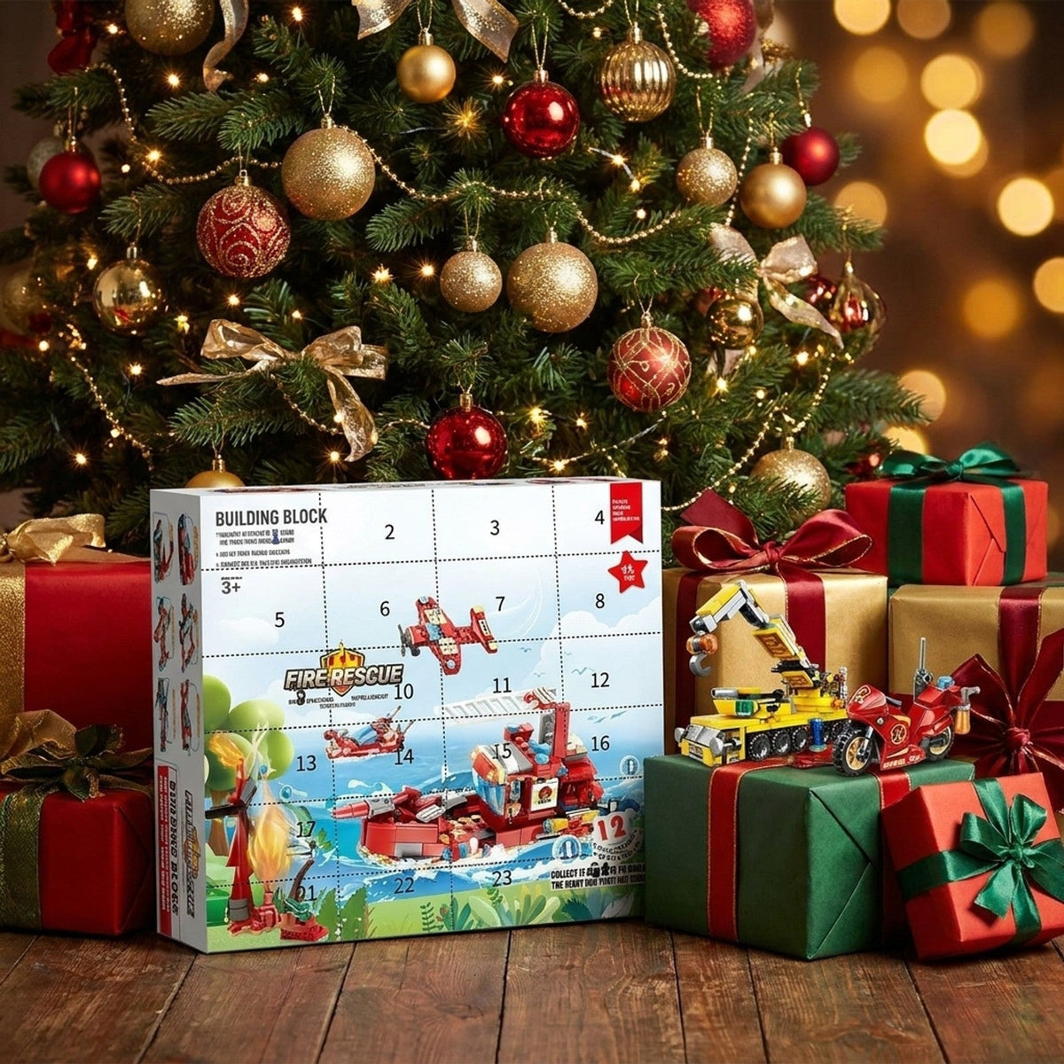 Brandvæsen & byggeri-julekalender, mini-klodsbiler plus store byggerier