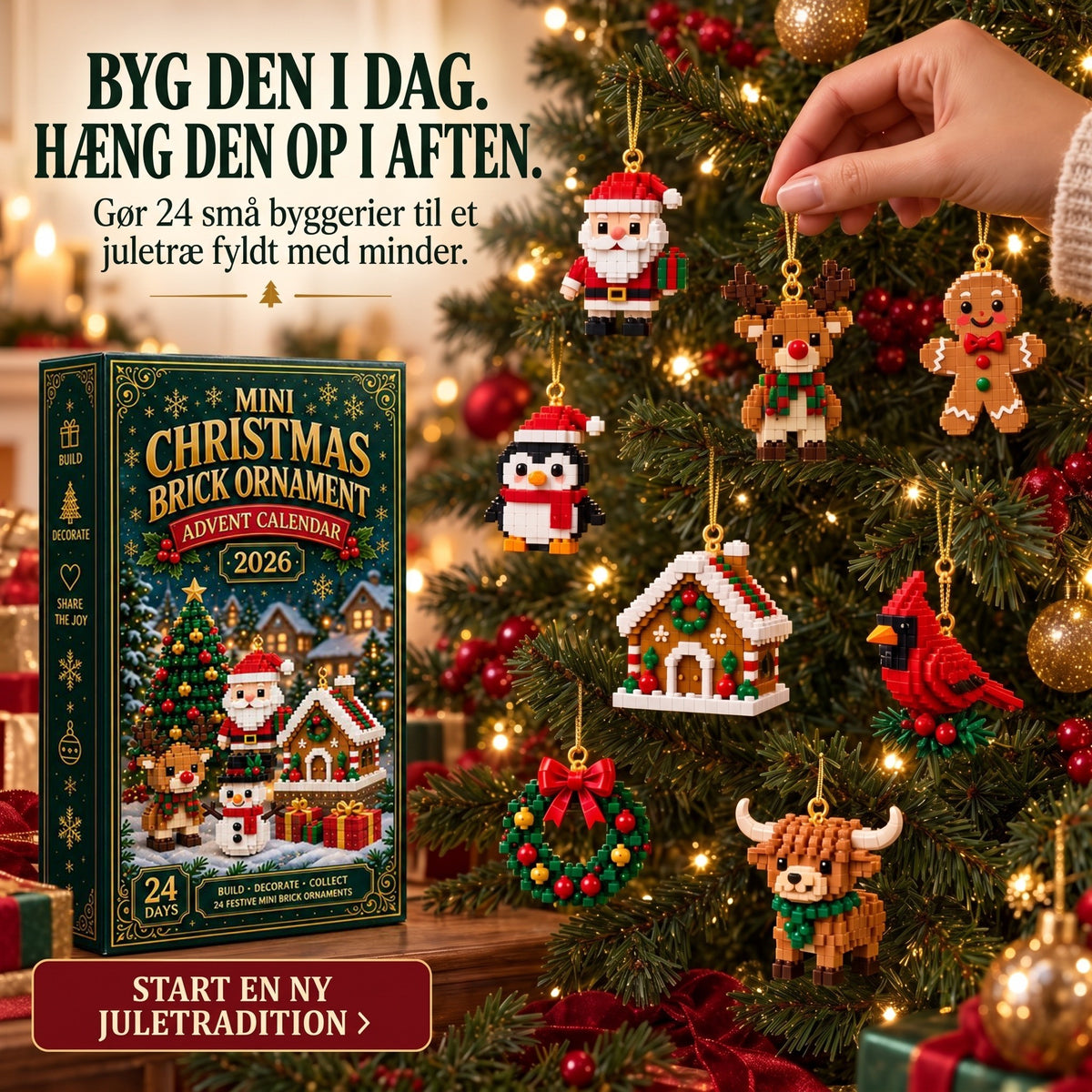 Julekalender med julepynt – 24 mini-byggesæt til juledekoration
