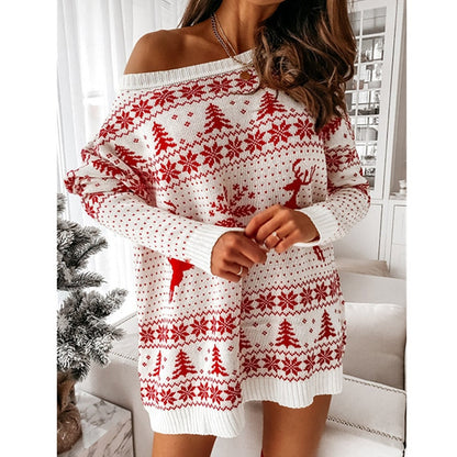Julesweater til damer – Oversized off-shoulder-striktrøje i rød og hvid, hyggelig sweater til højtiden