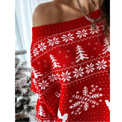 Julesweater til damer – Oversized off-shoulder-striktrøje i rød og hvid, hyggelig sweater til højtiden